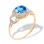 Round Genuine Blue Topaz and CZ Ring. Certified 585 (14kt) Rose Gold, Rhodium Detailing