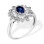 Ring with Oval-shaped Sapphire and Diamond Petals. Certified 585 (14kt) White Gold, Rhodium Finish