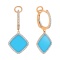 Diamond Earrings with Turquoise Rhombus Pendants. Hypoallergenic Cadmium-free 585 (14K) Rose Gold