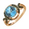 Ring with Round Blue Topaz and Champagne Diamonds. Hypoallergenic 585 (14K) Rose Gold, Black Rhodium