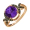 Ring with Round Amethyst and Champagne Diamonds. Hypoallergenic 585 (14K) Rose Gold, Black Rhodium