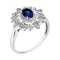 Ring with Oval-shaped Sapphire and Diamond Petals. Certified 585 (14kt) White Gold, Rhodium Finish