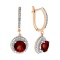 Round Garnet Double Halo CZ Drop Earrings. Certified 585 (14kt) Rose Gold, Rhodium Detailing