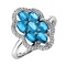 Genuine Blue Topaz and Diamond Floral Shield Ring. Tested 585 (14K) White Gold, Rhodium Finish