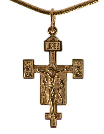 Byzantine style cross pendant with tiny golden icons. Rose gold 585º Orthodox Byzantine style cross from Russia in the USA and Canada-buy