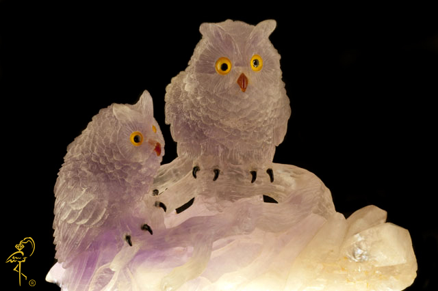 Amethyst Owls from the Carving Museum of the Golden Flamingo Jewelers Carving museum: Amethyst Owls