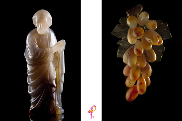 Carnelian Agate Monk & Grape from the Carving Museum of the Golden Flamingo Jewelers Carving Museum: Carnelian Monk and Grape