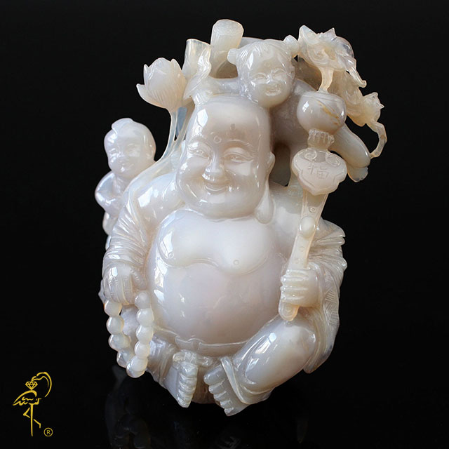 Blue chalcedony Buddha from the Carving Museum of the Golden Flamingo Jewelers. View 2 Blue chalcedony Buddha from the Carving Museum of the Golden Flamingo Jewelers