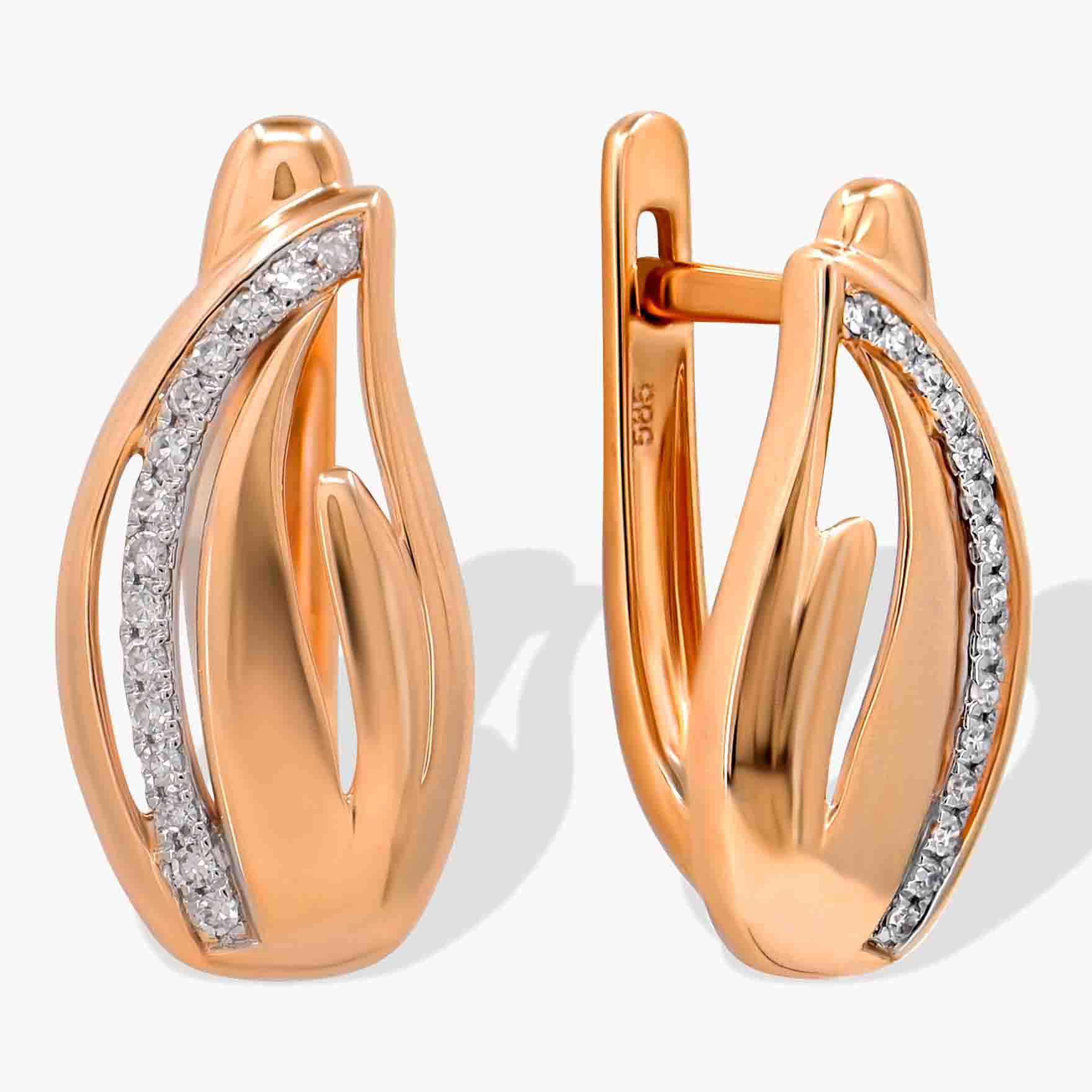 Well polished 14K rose gold earrings with 14 diamonds