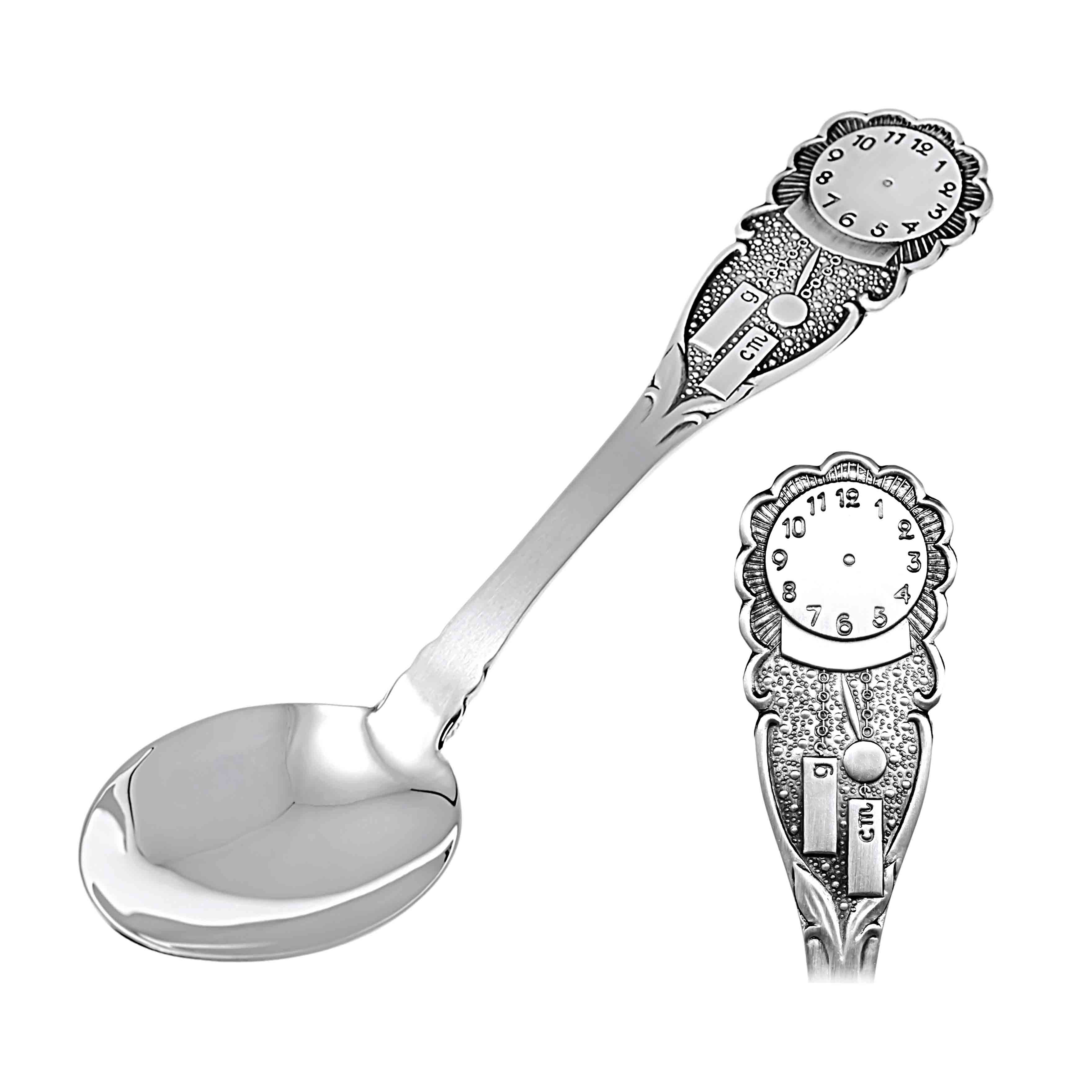 Kids' Silver Tableware. Hypoallergenic Blackened 830 Silver. 'A  Wag-on-the-Wall Clock' Silver Spoon for a Child