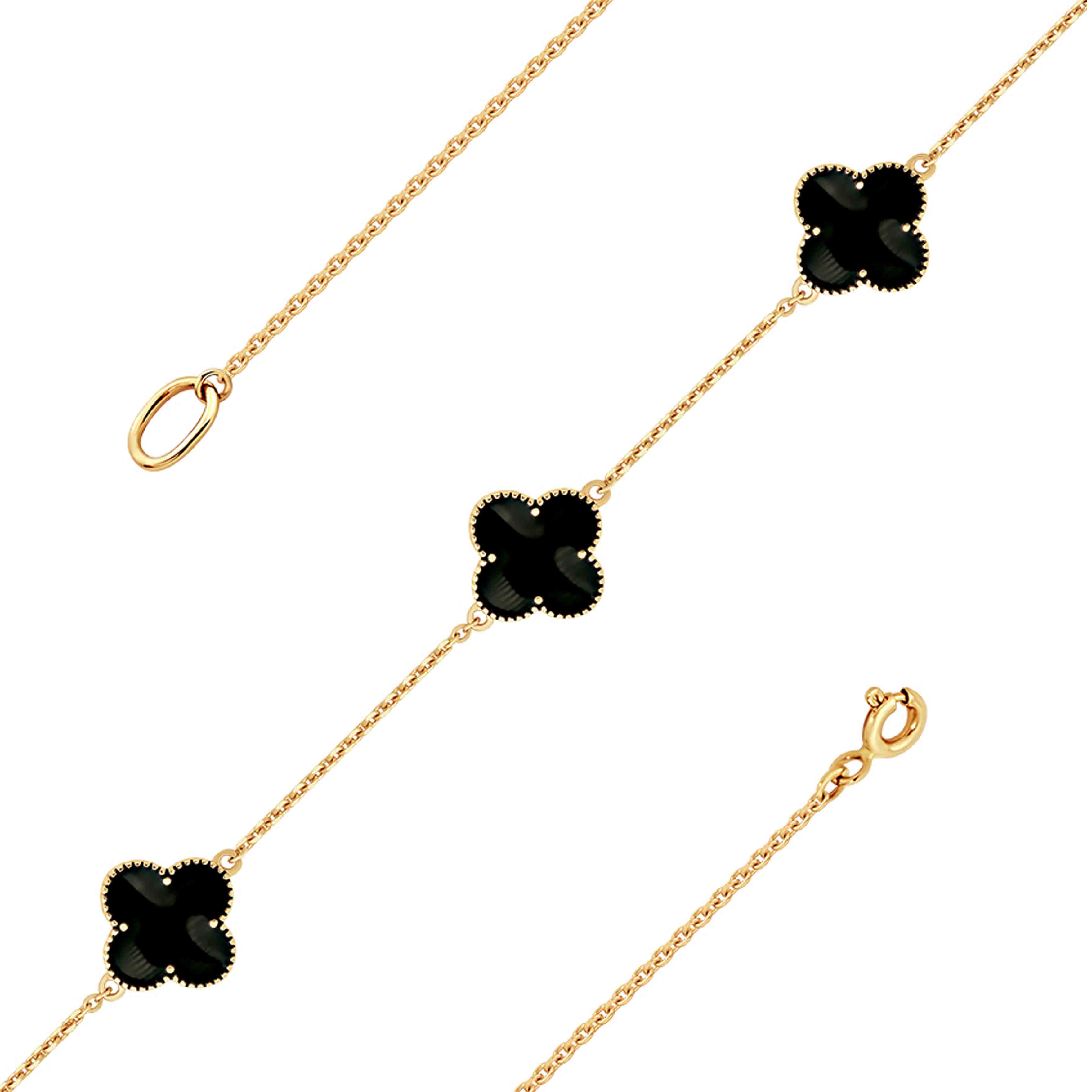 Enamel Bracelet. Certified 585 (14kt) Rose Gold. Black Enamel Four-leaf Clover Bracelet