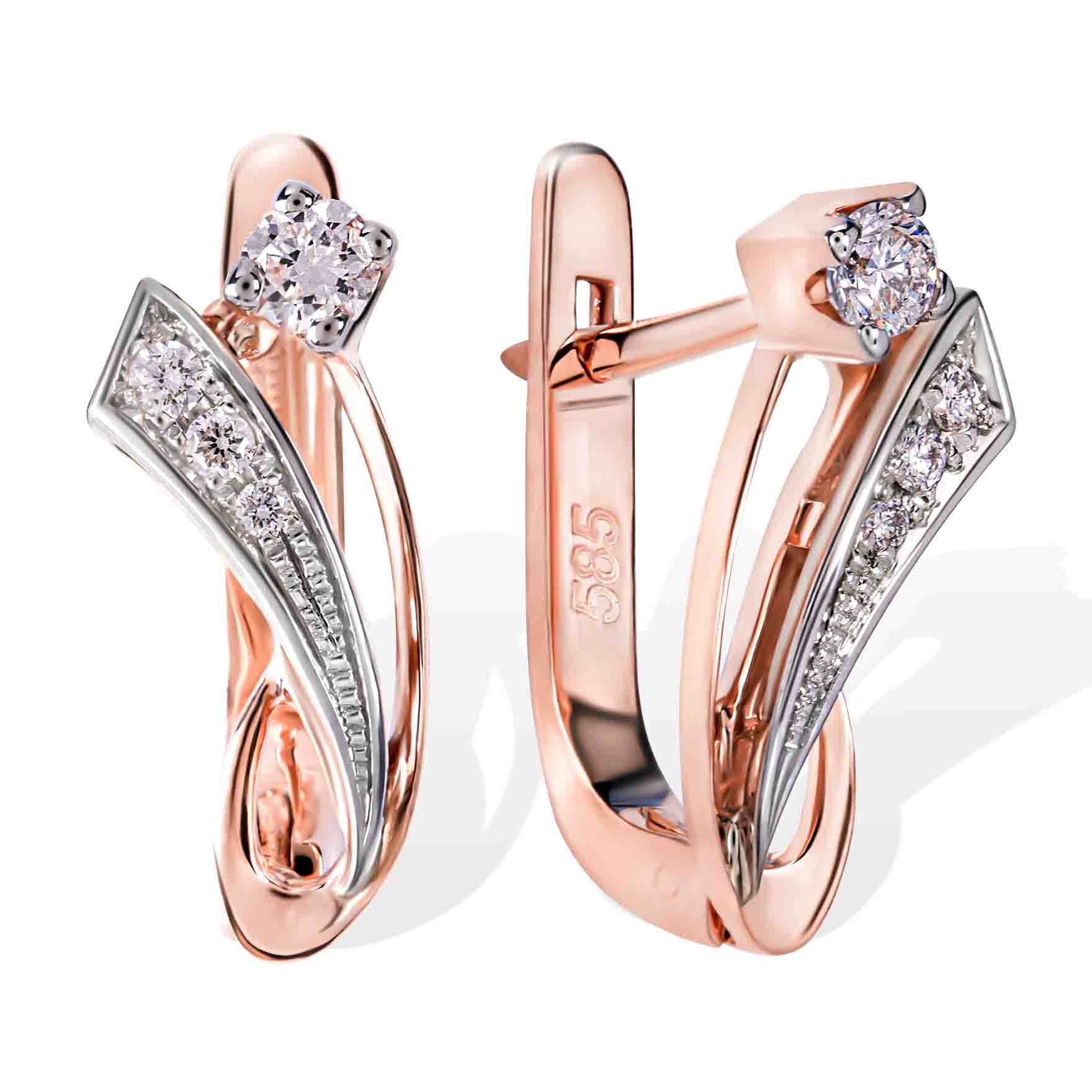 Diamond Leverback Earrings with Nostalgic Motif. Tested 585 (14K) Rose and  White Gold