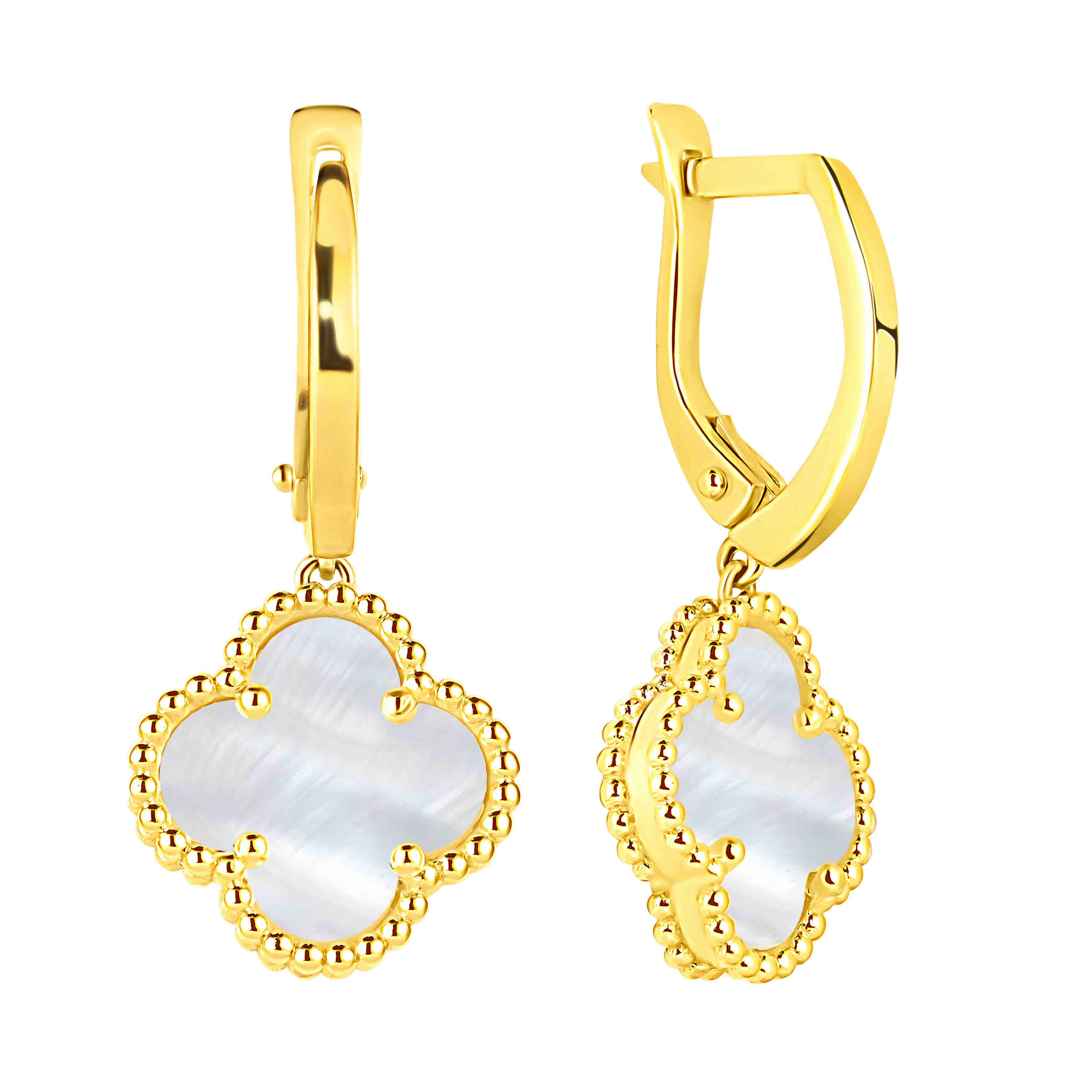 14K Gold Natural Diamond Mother Of Pearl Clover Earrings – Givedi