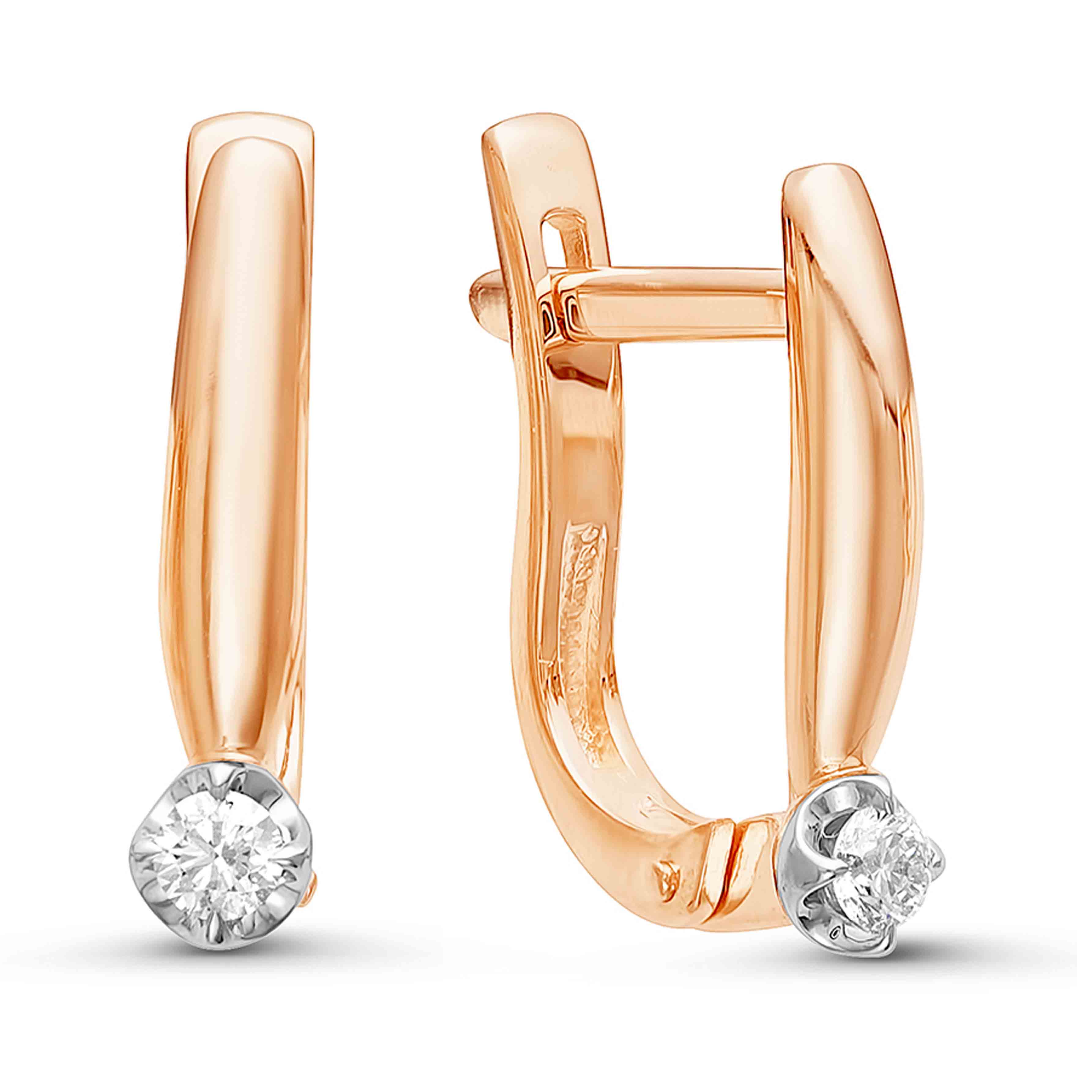 Diamond Leverback Earrings. Certified 585 (14kt) Rose Gold, Rhodium Detailing. Solitaire Diamond Leverback Earrings