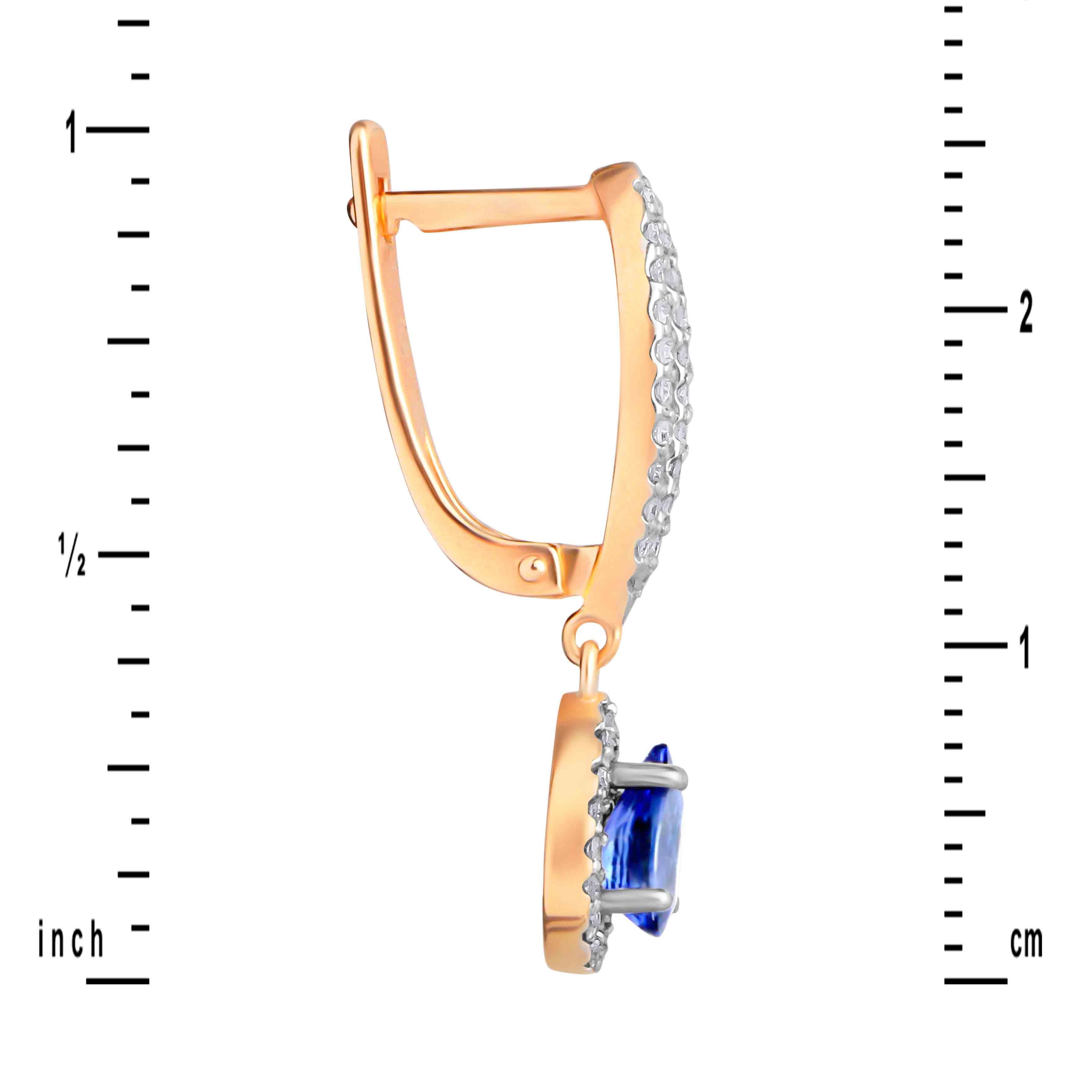 Sapphire and Diamond Leverback Earrings. Certified 585 (14kt) Rose Gold,  Rhodium Detailing. Dangle Teardrop Sapphire and Diamond Earrings