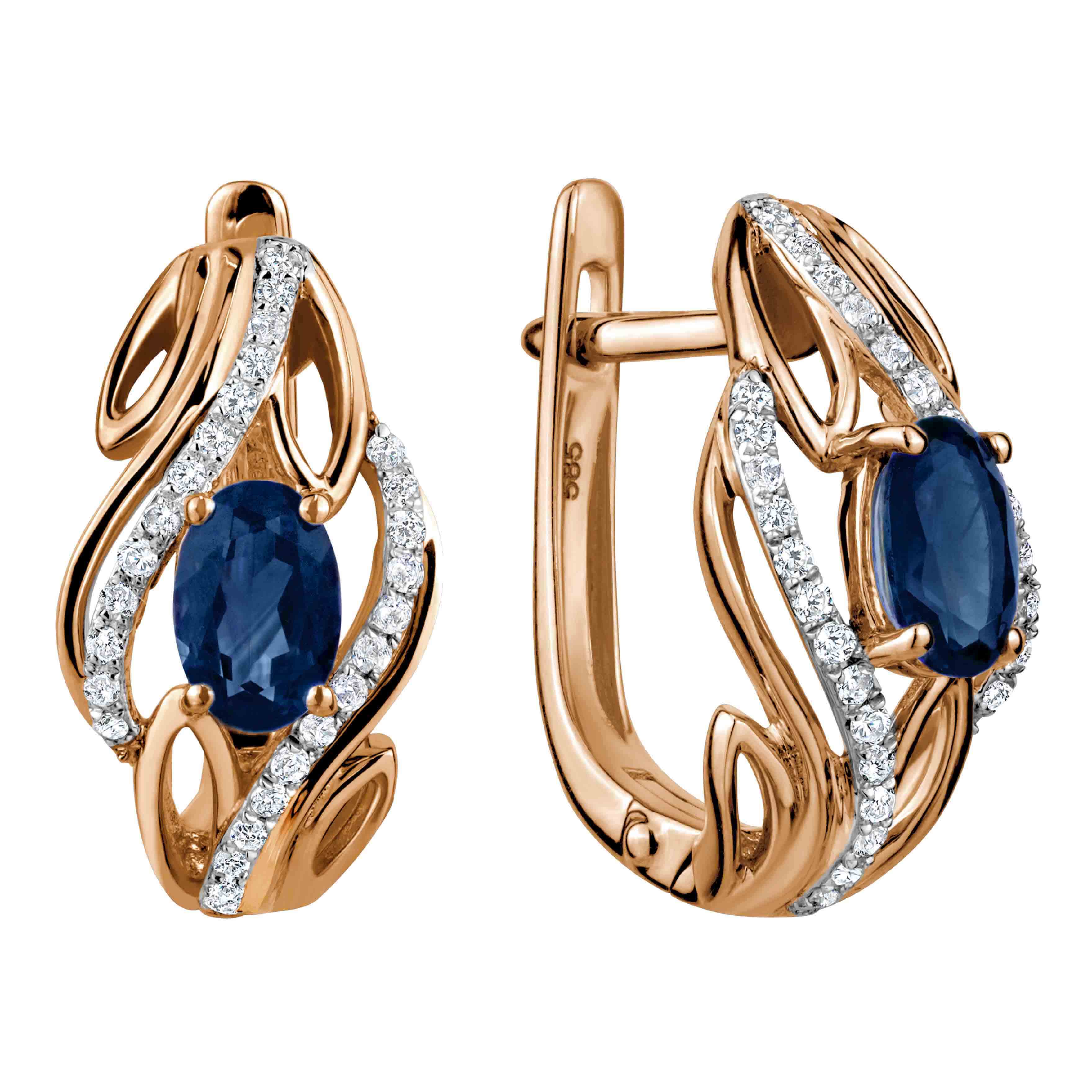 Female earrings with oval sapphires and diamonds in 14K Russian