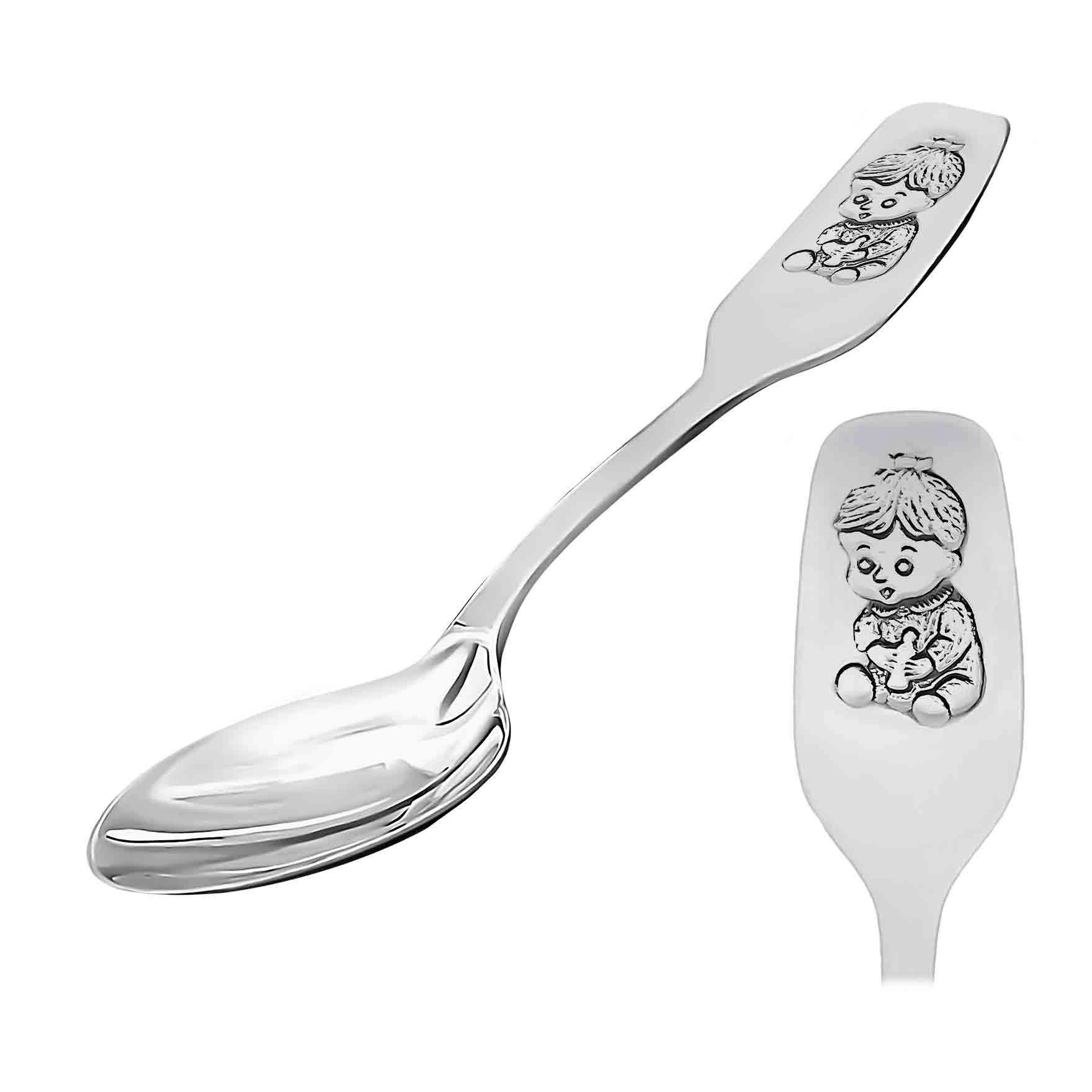 Kids' Silver Tableware. Antimicrobial Blackened 925/999 Silver. Child  Silver Spoon with Embossed Baby Girl