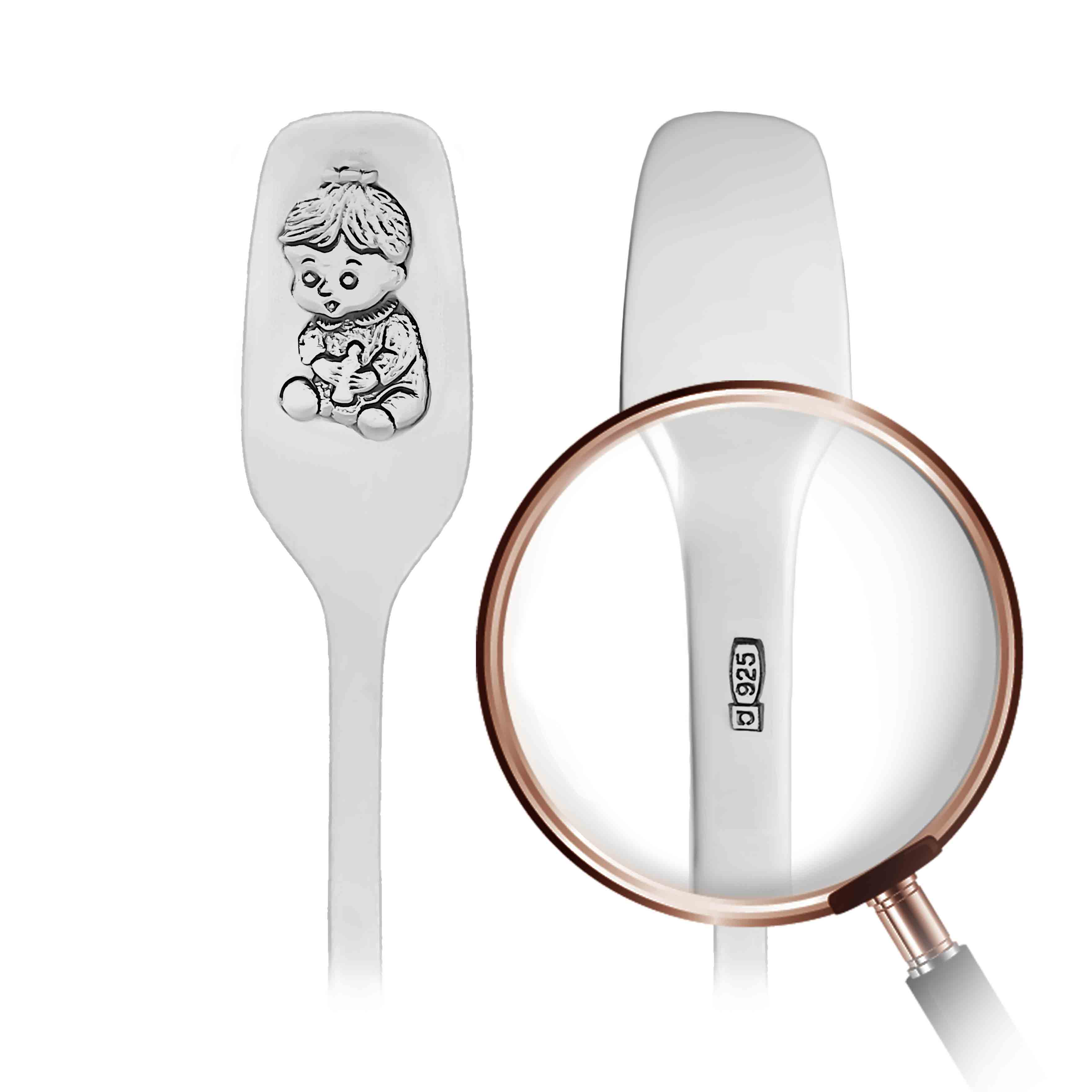 Kids' Silver Tableware. Antimicrobial Blackened 925/999 Silver. Child  Silver Spoon with Embossed Baby Girl