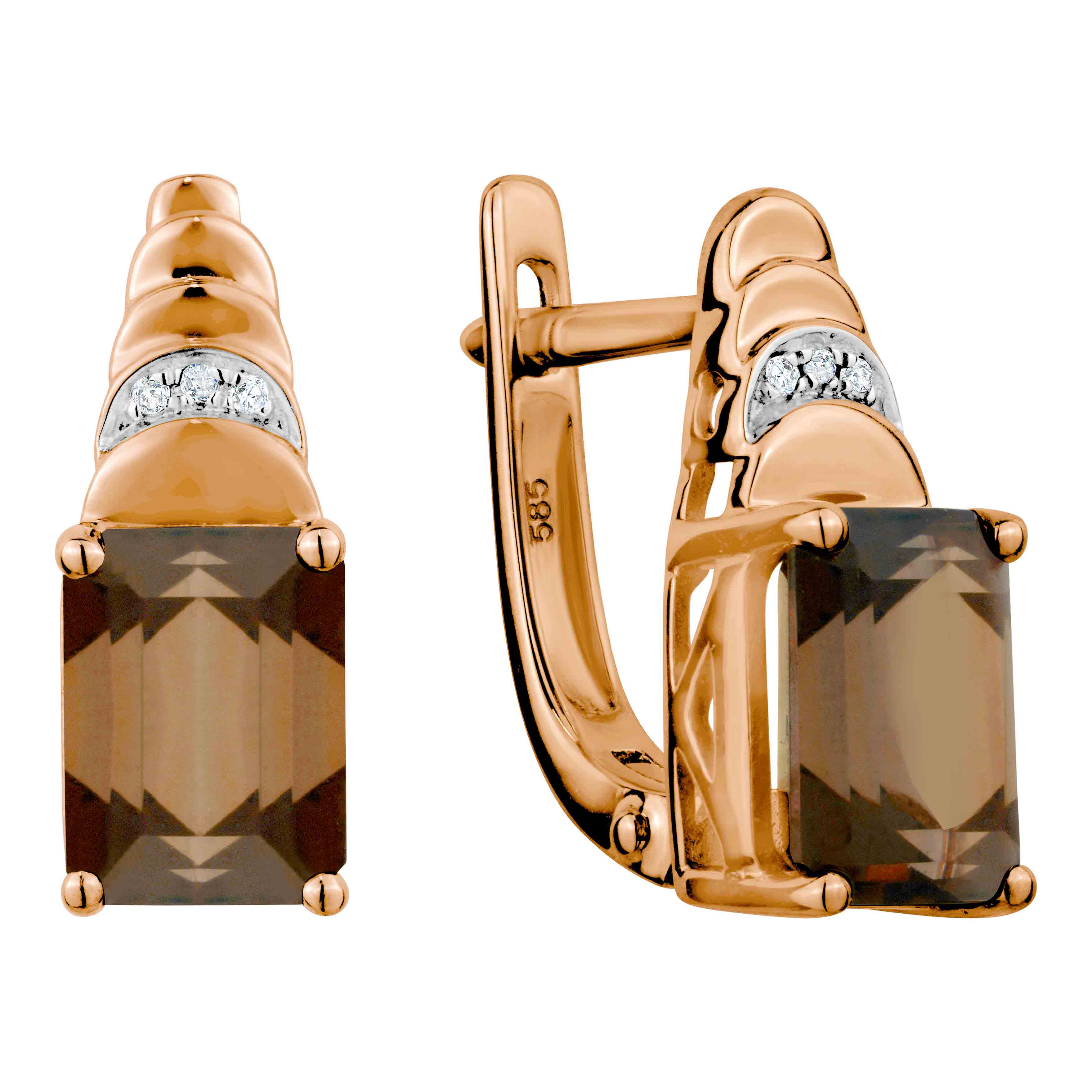 14K rose gold earrings with terrific smoky quartz and 6 diamonds Golden Flamingo